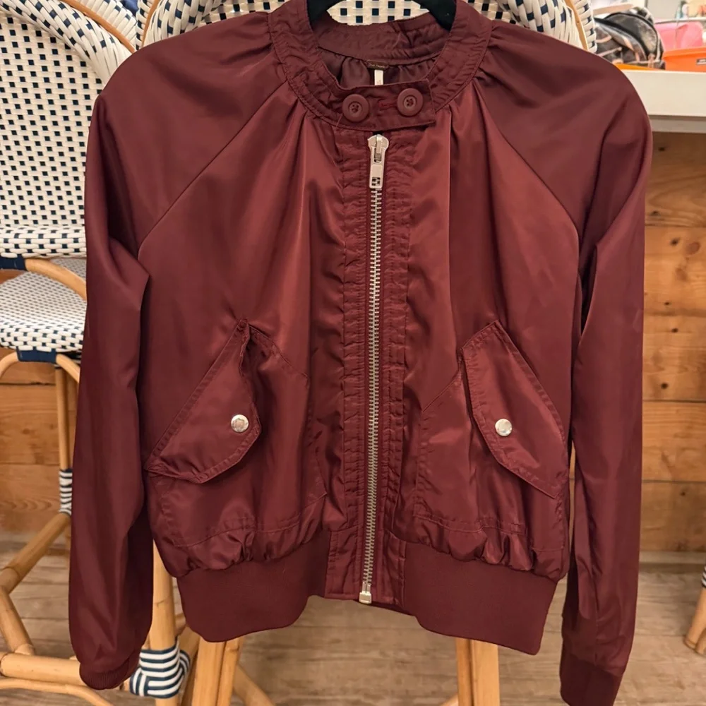 Free People Burgundy‎ Bomber Jacket Zip Front XS